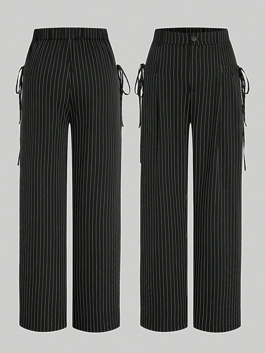 Sweetra Plus Size Striped Pocket Drawstring Loose Straight Leg Pants Fall Cloth For Women - Black and White - View 1