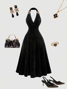 SHEIN MOD 大码女式金属 3D 花卉褶饰胸围中长连衣裙、西装款式、优雅连衣裙、派对连衣裙、性感连衣裙、派对礼服、休闲连衣裙、复古连衣裙、生日连衣裙、乡村音乐会服装 - 黑色 - 查看 6