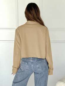 SHEIN EZwear Áo khoác thường ngày tay dài cài hai hàng khuy cổ ve trơn màu dành cho nữ, mùa thu - Lạc đà - Xem 2