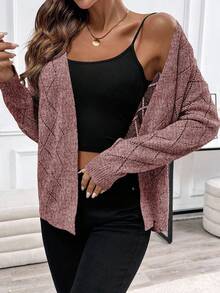 EMERY ROSE Casual Comfortable Hollow Diamond Pattern Cardigan For Women - Red - View 5