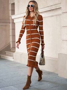 Solivie Winter Clothes For Women  Women's Elegant Knitted Long Sweater Dress, French Casual Colorblock Striped, Versatile Autumn New Arrival  Brown Dress  Brown Dress Women Rust Brown Dress Sweater Dresses Brown Bodycon Dress Autumn Dress Autumn And Winter Long-Sleeved Striped Long Sweater Dress  Thanksgiving Outfit For Women  Autumn  Clothes For Women  Women's Winter Sweater - Coffee Brown - View 6