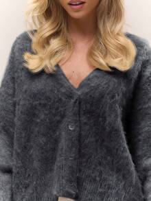 MUSERA Fuzzy Knit Loose Relaxed V Neck Button Down Cardigan Old Money Cute Country Cottage Core Back To School Butterscotch Spring Sweater - Dark Grey - View 5