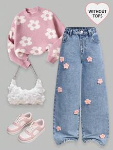 SHEIN Jeans larghi a gamba dritta con ricamo a cuore, di moda e dolci, per ragazze