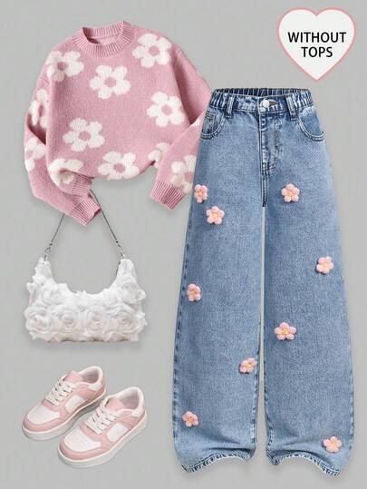 SHEIN ChillGRL Tween Girls' Fashionable & Sweet Heart Embroidery Straight Leg Loose Fit Jeans Blue Three-Dimensional Flower Jeans Flower Clothes Flower Jeans Girls Aesthetic Clothing Denim Skirt Set Brunch Clothing Teen Y2K Style School Daily Vacation Holiday Baggy Jeans Y2k Oversized Jeans Wide Leg Jeans Girls Fall Winter