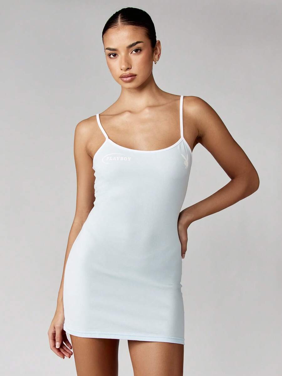 Missguided x Playboy Ladies Mini Length Spaghetti Strap Form Fitting Cami Dress With Contrast Binding Rabbit Logo Summer Spring Evening Party Car Racing - Blue and White - View 1