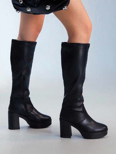 CUCCOO GRLICON 复古高帮尖头过膝女式马靴，Y2K 风格，适合圣诞节和万圣节，黑色