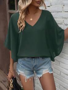 EMERY ROSE Áo cánh dơi rộng rãi cổ chữ V màu trơn đơn giản dành cho nữ, mùa hè - Màu xanh Ô liu - Xem 3