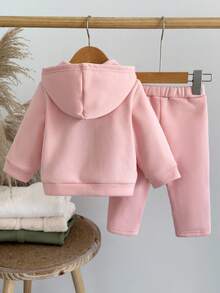 SHEIN 2pcs Baby Girls Soft Comfortable Cute Embroidered Pink Thermal Lined Hoodie Sweatshirt And Pants Set, Autumn/Winter Fall - Pink - View 2