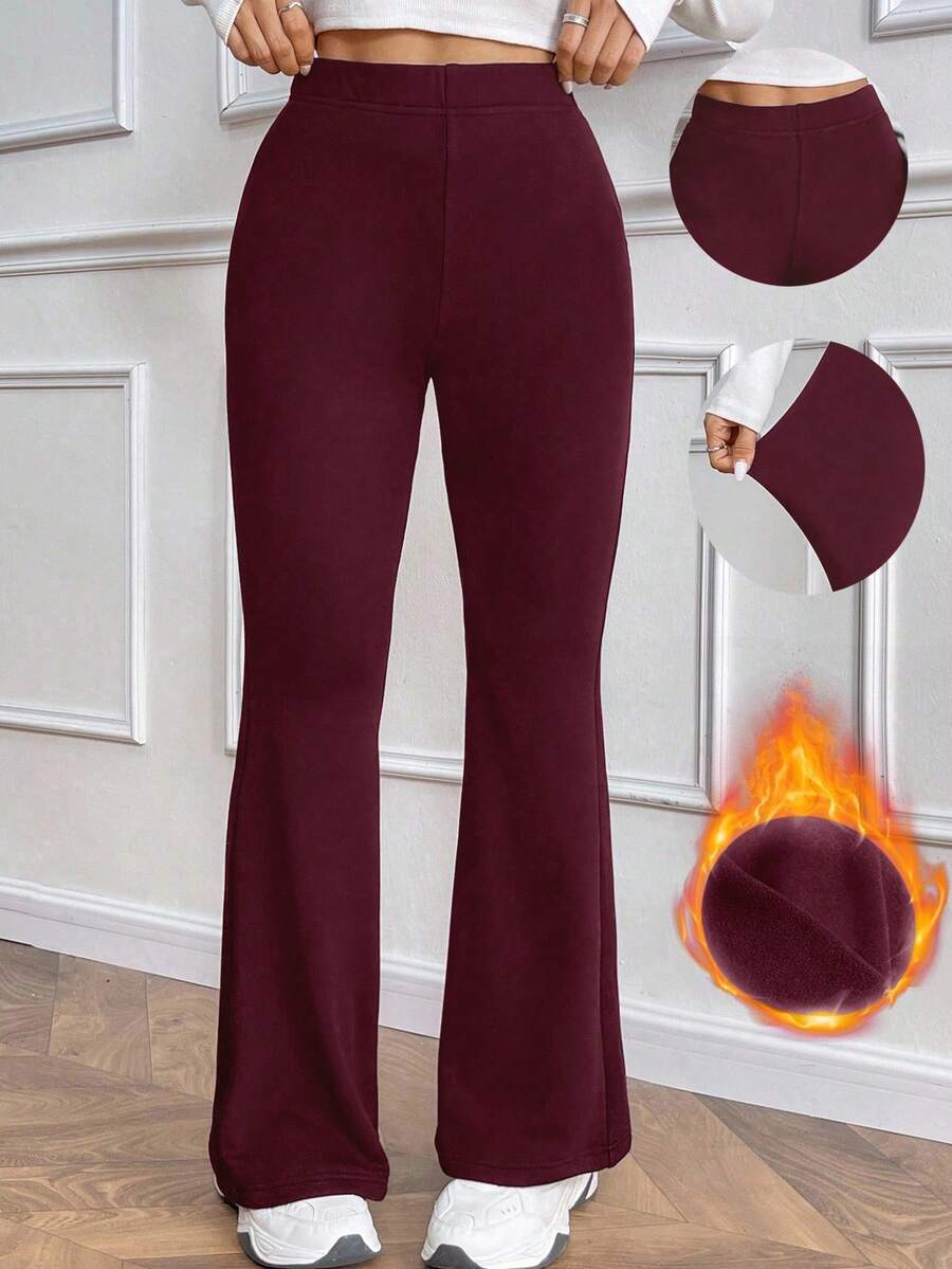 SHEIN Raffinéa Quần ống loe lưng cao lót nhiệt đa năng, thoải mái hàng ngày dành cho nữ, cạp chun, màu đen, mùa đông - Gỗ đỏ - Xem 1
