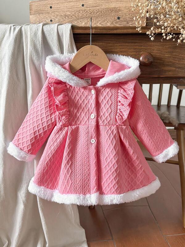 Vintaside Kids 1 件女婴简约粉色提花纽扣长袖连帽夹克，秋冬外套