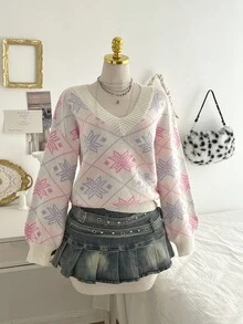 Elamini 宽松时尚女士雪花圣诞毛衣 - 彩色 - 查看 5