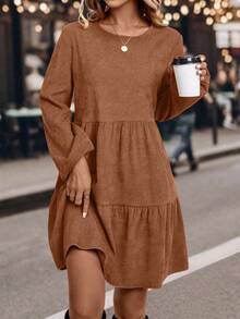 EMERY ROSE Robe décontractée pour femmes à col rond, manches lanternes et volants à l'ourlet