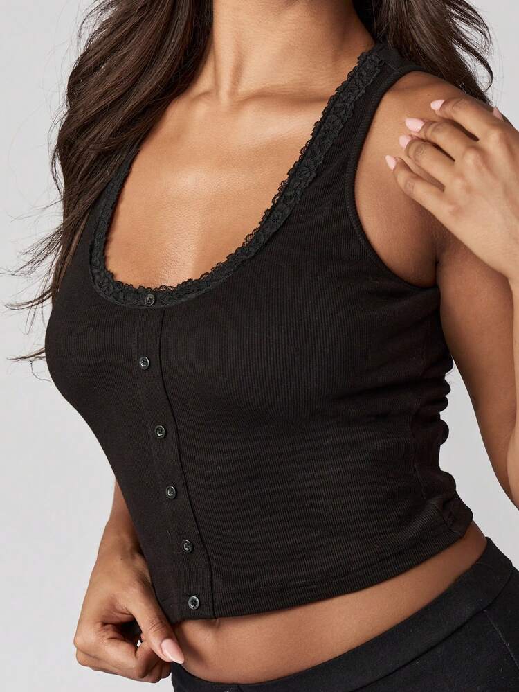 MISSGUIDED Conjunto de camiseta de tirantes con botones delanteros acanalados y pantalones acampanados