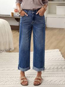 SHEIN LUNE Women's Straight Leg Loose Casual Commuter Jeans With Pockets Casual Street Patchwork Pocket Loose Wide Leg Jeans Women Jeans Baggy Loose Jeans - Blue - View 5