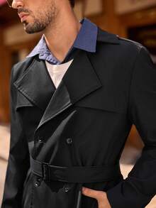 HIMLAND Abrigo casual de trench de doble botonadura y longitud media de unicolor para hombre, otoño - Negro - Ver 6