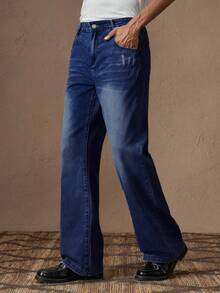 AKNOTIC Men's Casual Slim Fit Solid Color Straight Leg Slightly Flared Jeans, Suitable For Summer, Vacation, Daily Wear, Party, Couple, Men's Gift, Graduation Gift - Dark Wash - View 2