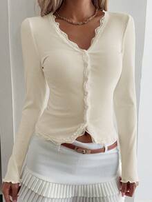 DAZY Women's Lace Frill Trim Fitted Cardigan Long Sleeve Top - Beige - View 3