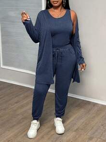 Slaydiva Bộ 3 áo vest + quần + áo khoác thanh lịch cỡ lớn dành cho nữ, mùa thu/đông - Xanh đậm - Xem 3