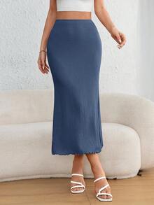 SHEIN PETITE CURVE Váy đuôi cá thanh lịch cạp cao viền bèo dành cho nữ cỡ lớn - Màu xanh bụi bặm - Xem 5