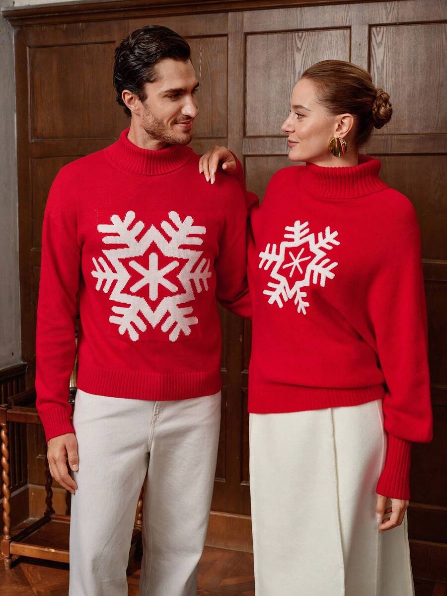Manfinity Homme Tricot de Noël pour hommes avec motif de famille de dessin animé. Tricot col roulé à manches longues avec motif de flocons de neige, style décontracté. Top assorti pour couple en automne/hiver, flocons de neige rouges. Parfait pour les fêtes de Noël, excellent cadeau pour les petits amis ou les maris. - Multicolore - Voir 1