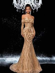 Glamrae 女士礼服和晚礼服，秋季连衣裙 - 香檳色 - 查看 8