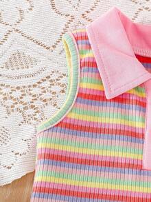 SHEIN Atasan Polo Tanpa Lengan Berkerah Garis-Garis Warna-warni Modis untuk Bayi Perempuan, Musim Semi/Panas - MultiWarna - View 4