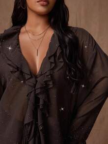 Rustia Áo cánh tay dài bằng vải voan sequin lấp lánh, rộng rãi, buộc dây phía trước, cỡ lớn dành cho nữ, thường ngày, thanh lịch, gợi cảm, mùa thu - Cà phê nâu - Xem 3