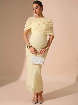 MaterniChic Autumn And Winter Maternity Dress Elegant Solid Color Fitted Maternity Dress For Party Pregnancy Clothing Maternity Dress For Photoshoot Butter Yellow Dress Yellow Maternity Dress Yellow Maternity Dress Baby Shower New Year Women's Clothes Elegant Dresses For Party