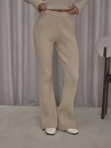 MUSERA 厚罗纹修身喇叭弹力套穿裤，仅下装，街头风可爱优雅休闲性感外出秋季太妃糖色感恩节新年 - 杏色 - 查看 2