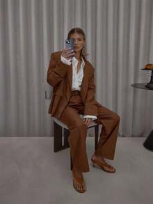 MUSERA Extreme Oversized Faux Pocket Detail Blazer Only Streetwear Classy Casual Sexy Going Out Fall Autumn Toffee Spring - Mocha Brown - View 5