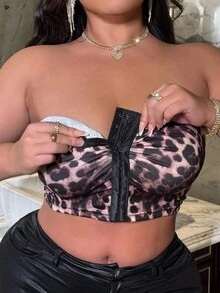 SHEIN LUNE Sexy Everyday Pleated Front Button Leopard Print Plus Size Tube Top - Brown - View 3