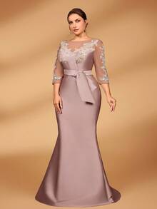 Serin Plus Size Autumn And Winter Elegant Gorgeous Luxury Lotus Pink Sequin Embroidery Stitching Satin Bow See-Through Long Sleeve Fishtail Skirt Suitable For Applique Design Suitable For Wedding Events Bachelorette Party Holiday Dance Dinner Bride Mother Evening Dress Guest Dress