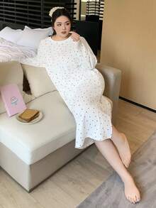 Dazy Plus Camisón recto de manga larga y cuello redondo con ajuste holgado y estampado de lunares, ropa de dormir casual para mujer de talla grande, cómoda, para otoño e invierno, Camisón tipo "Moo Moo" - Albaricoque - Ver 7