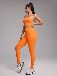 Innovista Women's Criss-Cross Backless Camisole Top, High Waist Leggings, And Stand Collar Cropped Top 3 Pieces Ski/Sports Outfit Crop Active Top Bra Retro Leggings Athletic Style Essential Matching Workout Outfits Office To Court Brunch To Gym Multi Function Athleisure All Day Tennis Core Athletic Stretchy Exercise Suit Uv Sun Protection Breathable Fall Clothes Running Biker HIIT Training Utilitarian Chic, F/W Athletic Wear - Orange - View 11