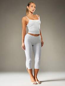 MISSGUIDED Cotton Ribbed Lace Trim Button Front Cami Top Lounge Wear Essential Slim Fitted Spaghetti Strap Tank Top Classic Casual Basic Layering Piece - Light Grey - View 4