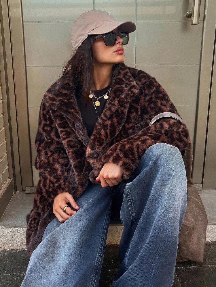 Loose Lapel Leopard Print Thickened Faux Fur Jacket For Women, Autumn/Winter Women Coats