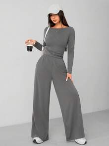 SHEIN PETITE Bộ đồ hai mảnh màu xám đậm mặc nhà thoải mái và dễ chịu cho nữ mùa thu đông áo len mỏng + quần ống rộng - Xám - Xem 6