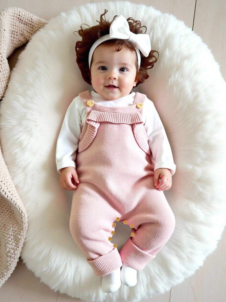 SHEIN 时尚粉色婴儿毛衣连体衣，带荷叶边装饰吊带裤，女童甜美背带裤 - 粉色 - 查看 1