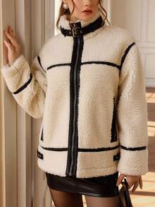 GENKIRA 复古时尚百搭拉链领修身仿羊毛撞色饰边休闲女式夹克外套 - 白色 - 查看 6
