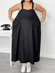 SHEIN CURVE+ Plus Size Women Gothic Vintage Palace Style Elegant Pleated Slip Dress, Suitable For Graduation, Waist-Cinching, Birthday Dress