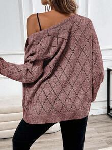EMERY ROSE Casual Comfortable Hollow Diamond Pattern Cardigan For Women - Red - View 2