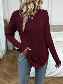 EMERY ROSE Elegant Solid Color Long Sleeve Crew Neck Versatile Women Sweater - Red - View 3
