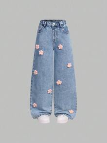 SHEIN Jeans larghi a gamba dritta con ricamo a cuore, di moda e dolci, per ragazze