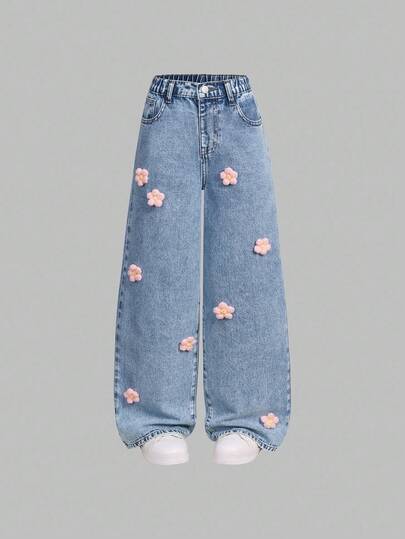 SHEIN ChillGRL 女童时尚甜美刺绣直筒宽松牛仔裤