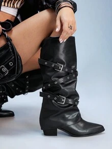 CUCCOO GRLICON Botas de tacón grueso con punta puntiaguda, con cremallera, decoradas con bordados y tachuelas, adecuadas para vacaciones, exteriores, etc.