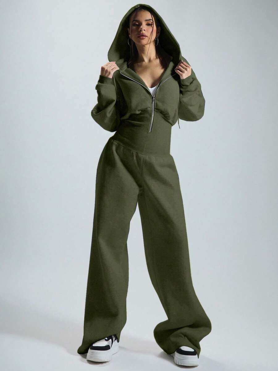 MUSERA 连帽拉链连体裤，收腰设计，休闲居家风格，胶囊衣橱必备单品，日常百搭，适合冬季、机场、春夏穿着。 - 軍綠色 - 查看 1