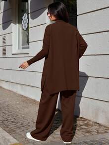 EURMUSE Women's Solid Color Long Knit Sweater And Long Knit Pants Set - Camel - View 2