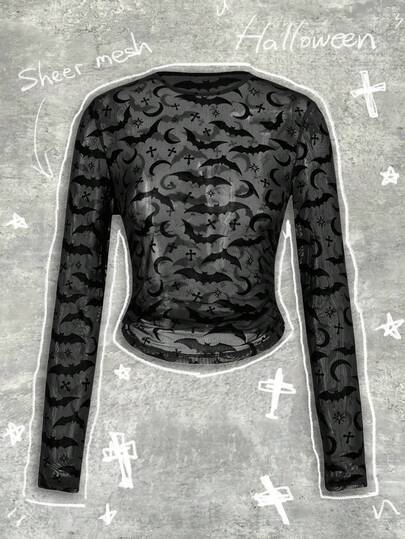 Y2Kool Damen Halloween Fledermaus & Kreuz Grafik Flockstoff transparente Sexy Slim Fit Langarm Oberteil, geeignet für Herbst/Winter Party, Nachtclub, Straße Y2K Fledermaus Muster Oberteil Gothic Tops Mesh Langarm Spitze Langarm Durchsichtiges Hemd Lässig