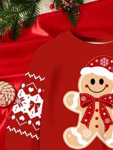 SHEIN 圣诞快乐，可爱圣诞蝴蝶结姜饼人印花女婴休闲宽松柔软针织圆领套头衫运动衫秋冬女装