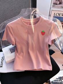 Resyla Y2K 可爱草莓短款圆领短袖T恤 - 粉色 - 查看 3